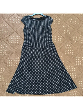 Anne Klein Polka Dot A-Line Dress Size 4 Black White Round Neck Cap Sleeve Knee